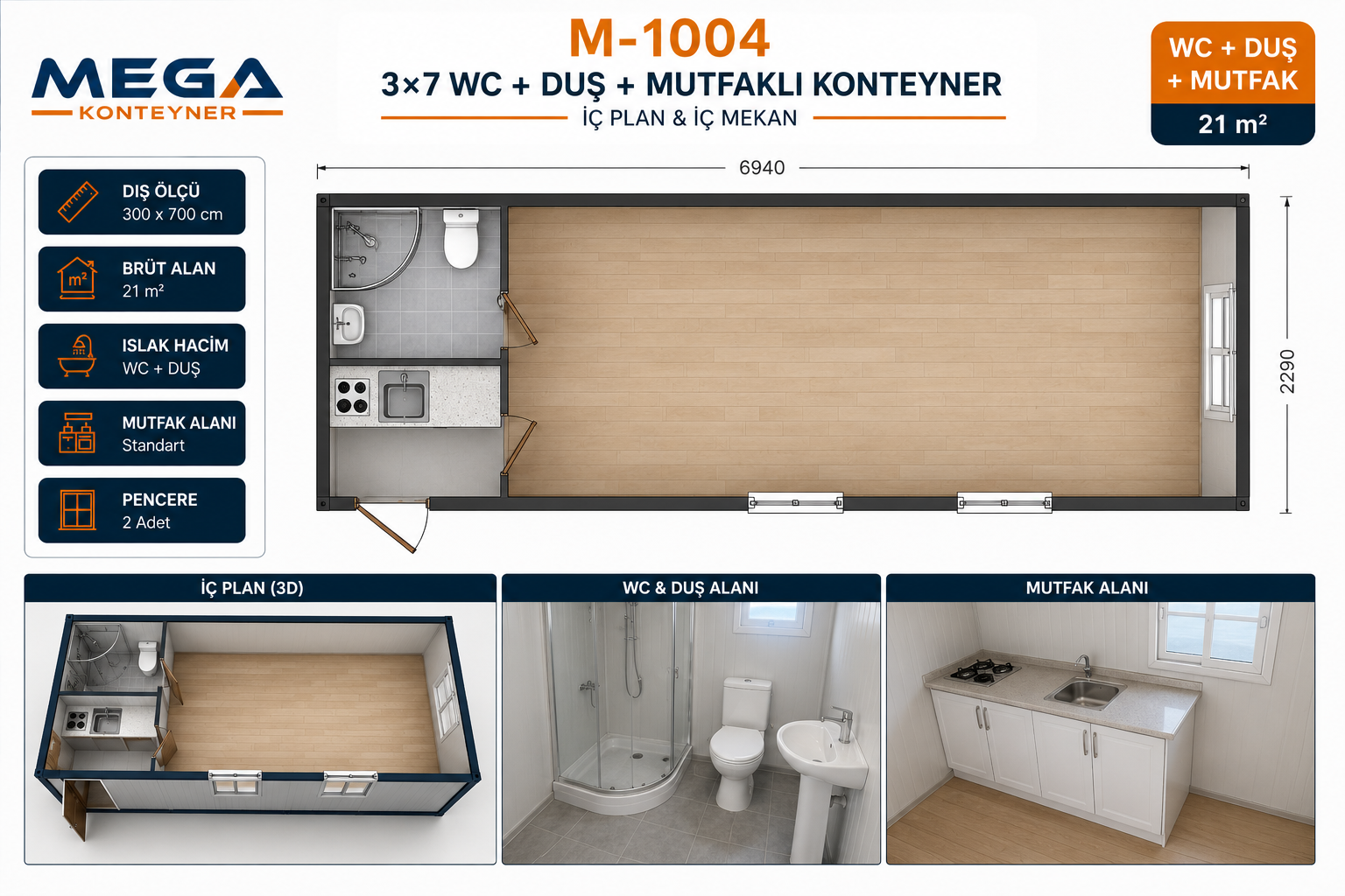 M-1004 3x7 WC duş ve mutfaklı konteyner iç yerleşim planı
