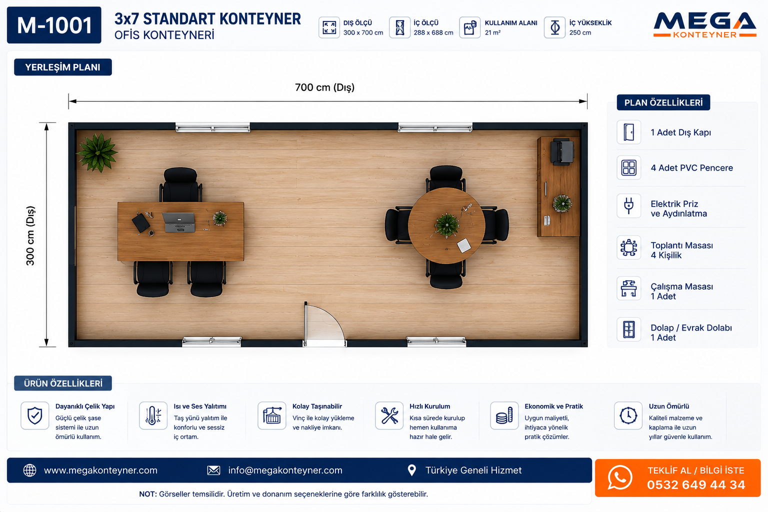 M-1001 3x7 standart konteyner 21 m² yerleşim planı