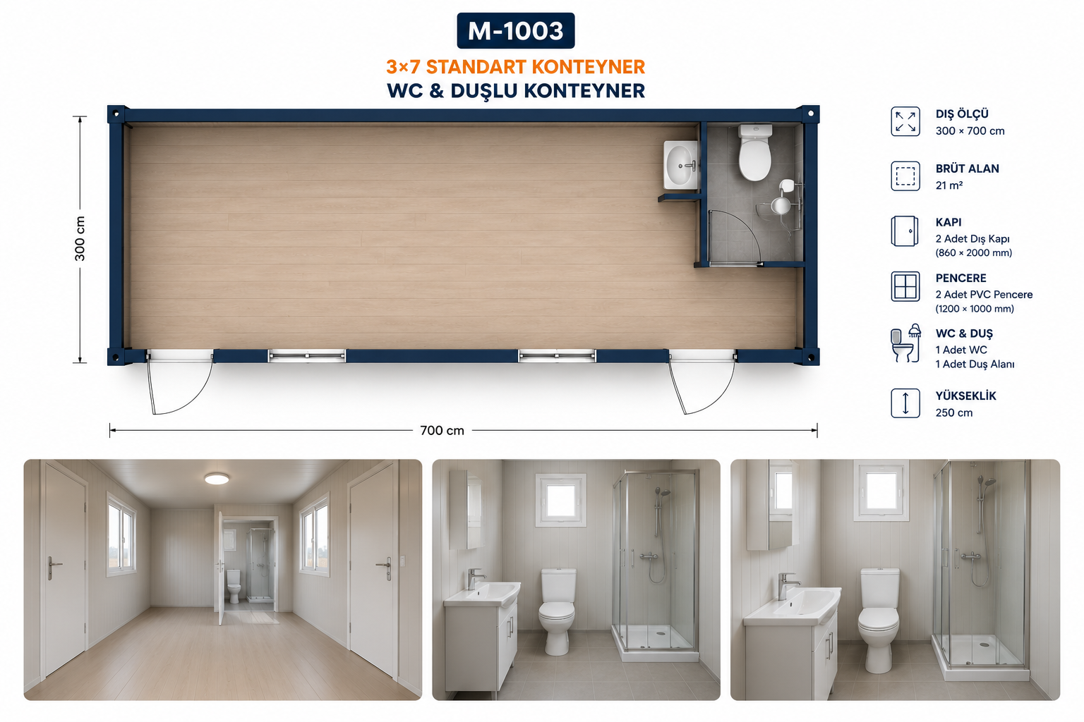 M-1003 3x7 WC ve duşlu konteyner 21 m² yerleşim planı ve iç mekan