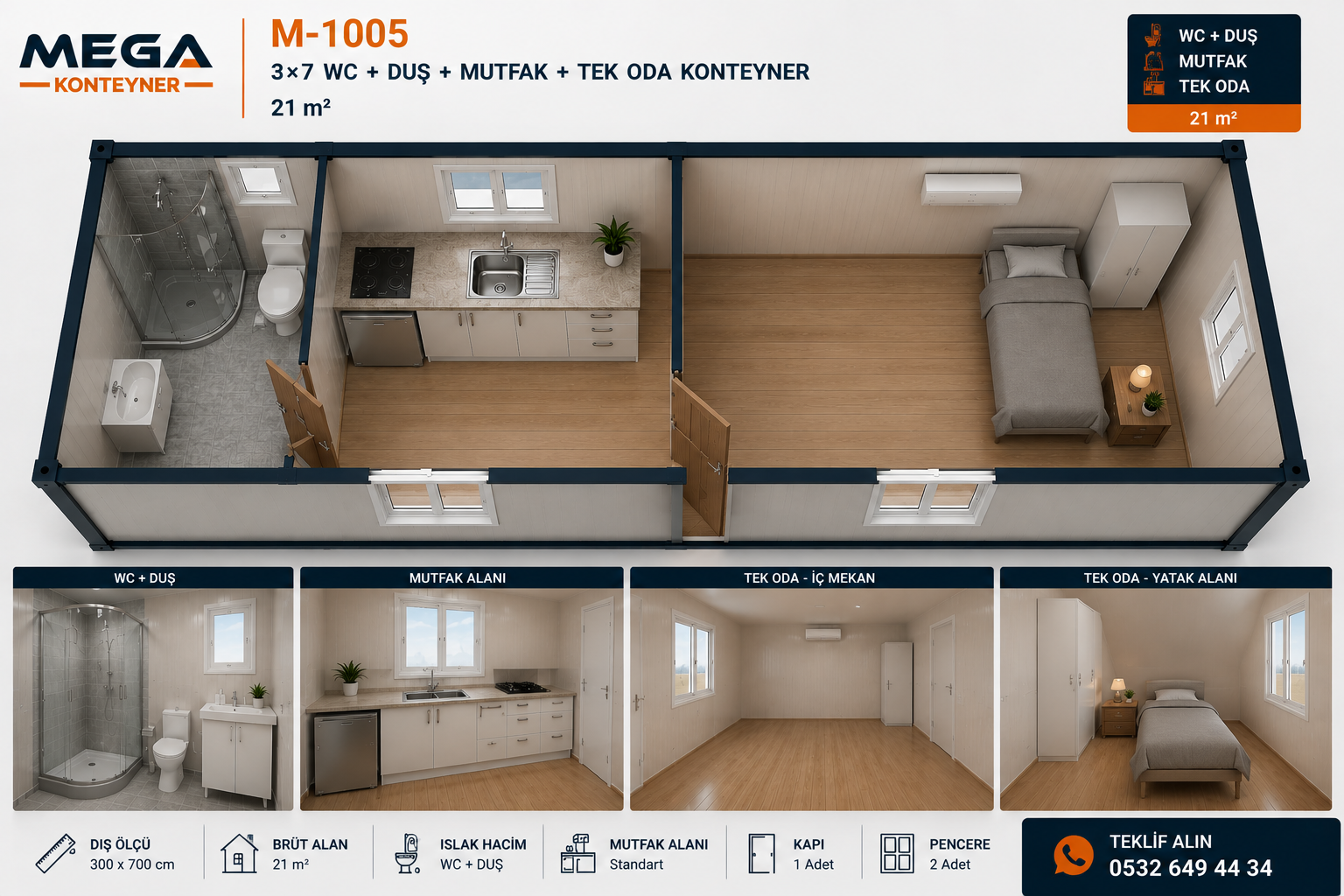 M-1005 3x7 WC duş mutfak ve 1 yatak odalı konteyner iç yerleşim planı