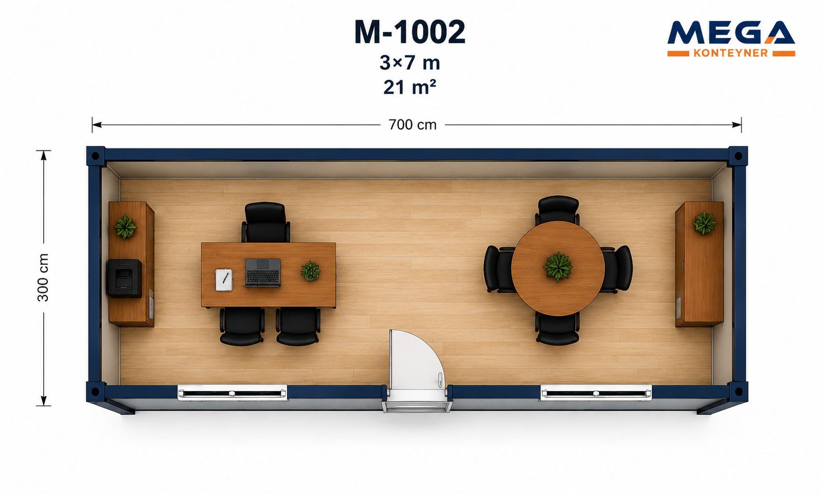M-1002 3x7 standart konteyner 21 m² merkezi girişli yerleşim planı